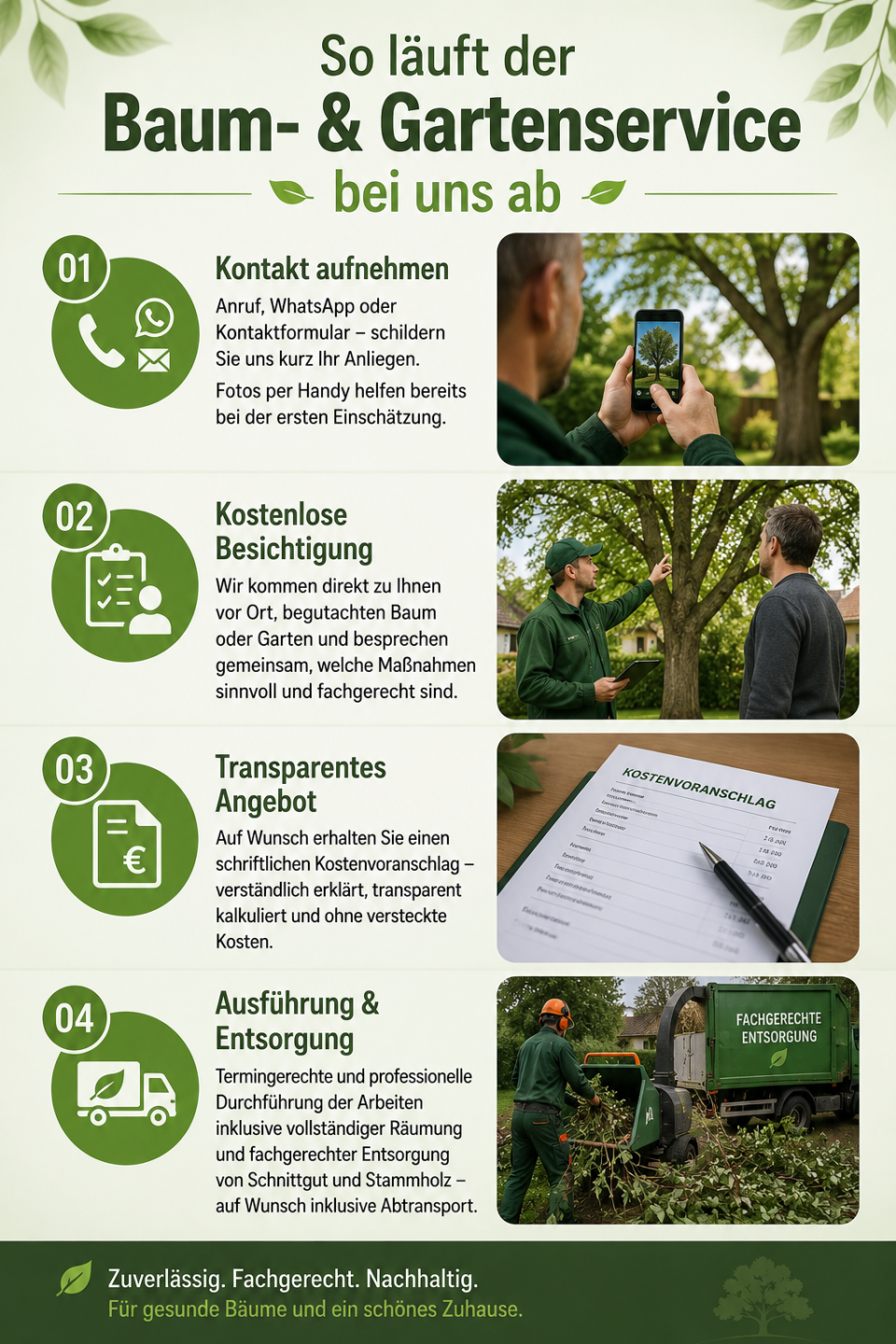 So läuft der Baum- & Gartenservice bei uns ab 01 · Kontakt aufnehmen Anruf, WhatsApp oder Kontaktformular – schildern Sie uns kurz Ihr Anliegen. Fotos per Handy helfen bereits bei der ersten Einschätzung. ⸻ 02 · Kostenlose Besichtigung Wir kommen direkt zu Ihnen vor Ort, begutachten Baum oder Garten und besprechen gemeinsam, welche Maßnahmen sinnvoll und fachgerecht sind. ⸻ 03 · Transparentes Angebot Auf Wunsch erhalten Sie einen schriftlichen Kostenvoranschlag – verständlich erklärt, transparent kalkuliert und ohne versteckte Kosten. ⸻ 04 · Ausführung & Entsorgung Termingerechte und professionelle Durchführung der Arbeiten inklusive vollständiger Räumung und fachgerechter Entsorgung von Schnittgut und Stammholz – auf Wunsch inklusive Abtransport. So läuft der Baum- & Gartenservice bei uns ab
01 · Kontakt aufnehmen
Anruf, WhatsApp oder Kontaktformular – schildern Sie uns kurz Ihr Anl
